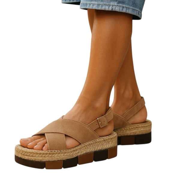 Paloma Barcelo Lynde Tan Suede Jute Espadrille Two Tone Platform Sandal Women 38 - Picture 1 of 16